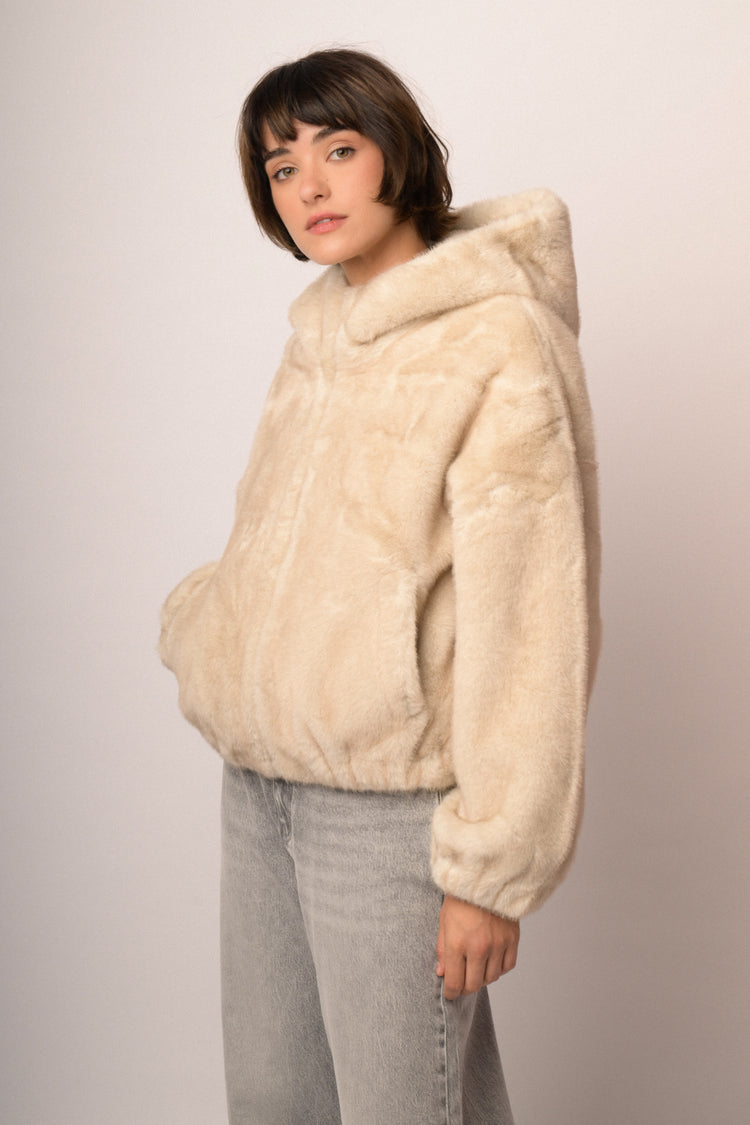 Giacca in faux fur beige con cappuccio
