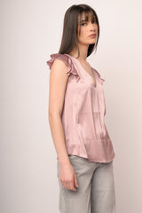 Top in raso rosa con scollo a V e maniche ad aletta