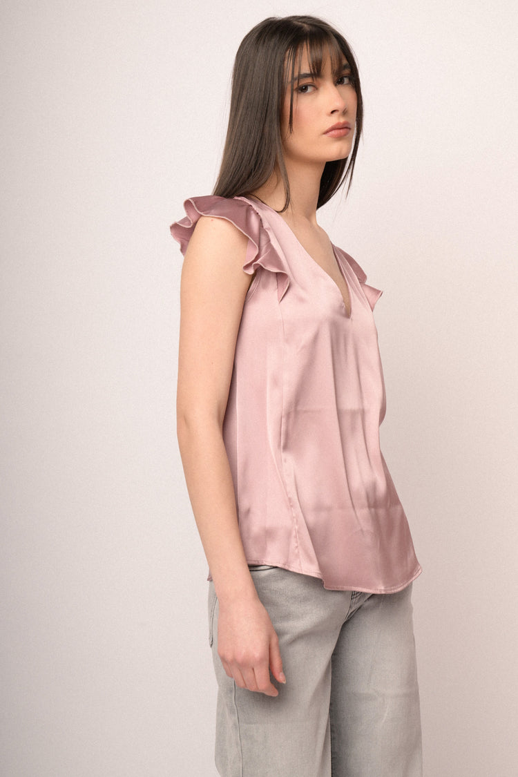 Top in raso rosa con scollo a V e maniche ad aletta