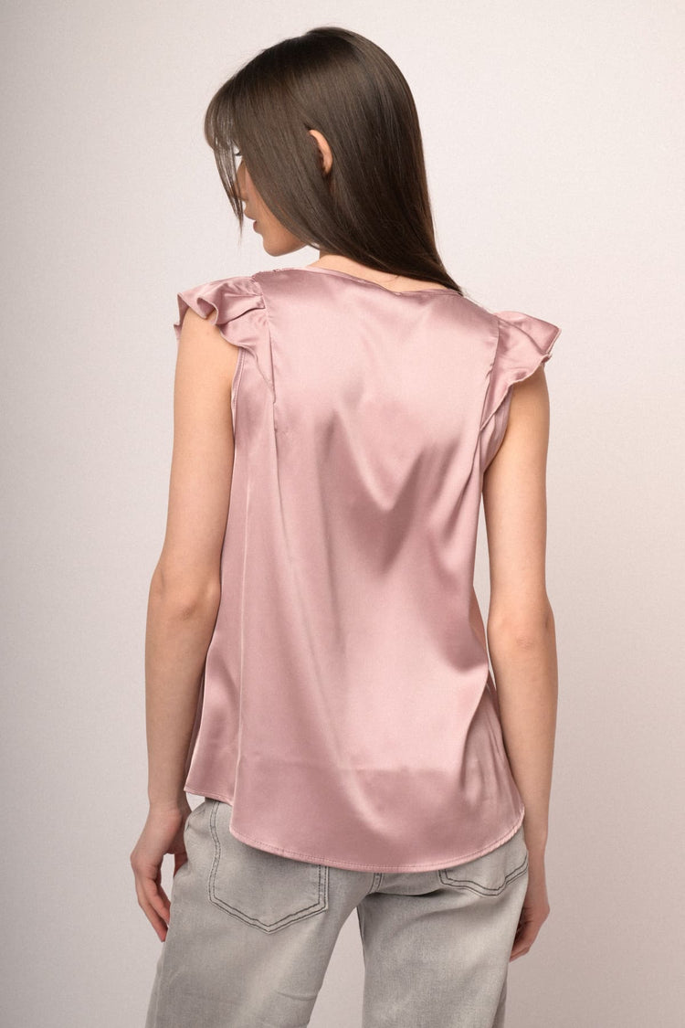 Top in raso rosa con scollo a V e maniche ad aletta