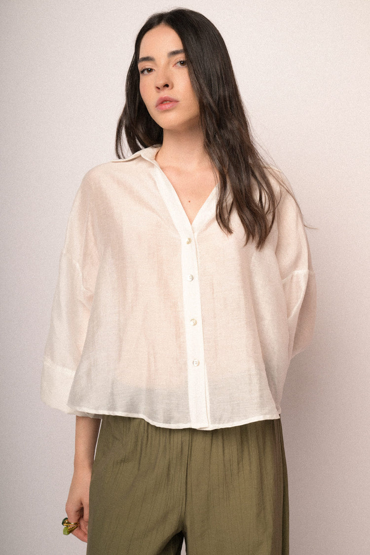 Camicia boxy-fit misto lyocell bianco con maniche ampie
