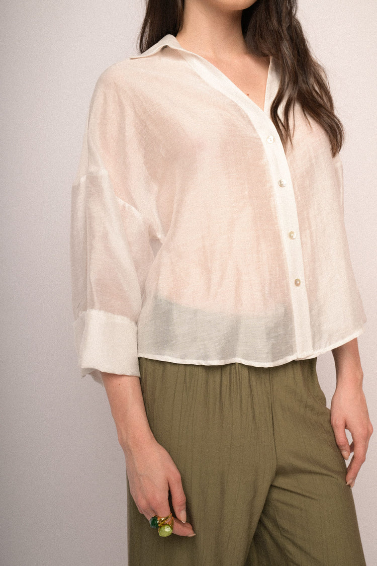 Camicia boxy-fit misto lyocell bianco con maniche ampie