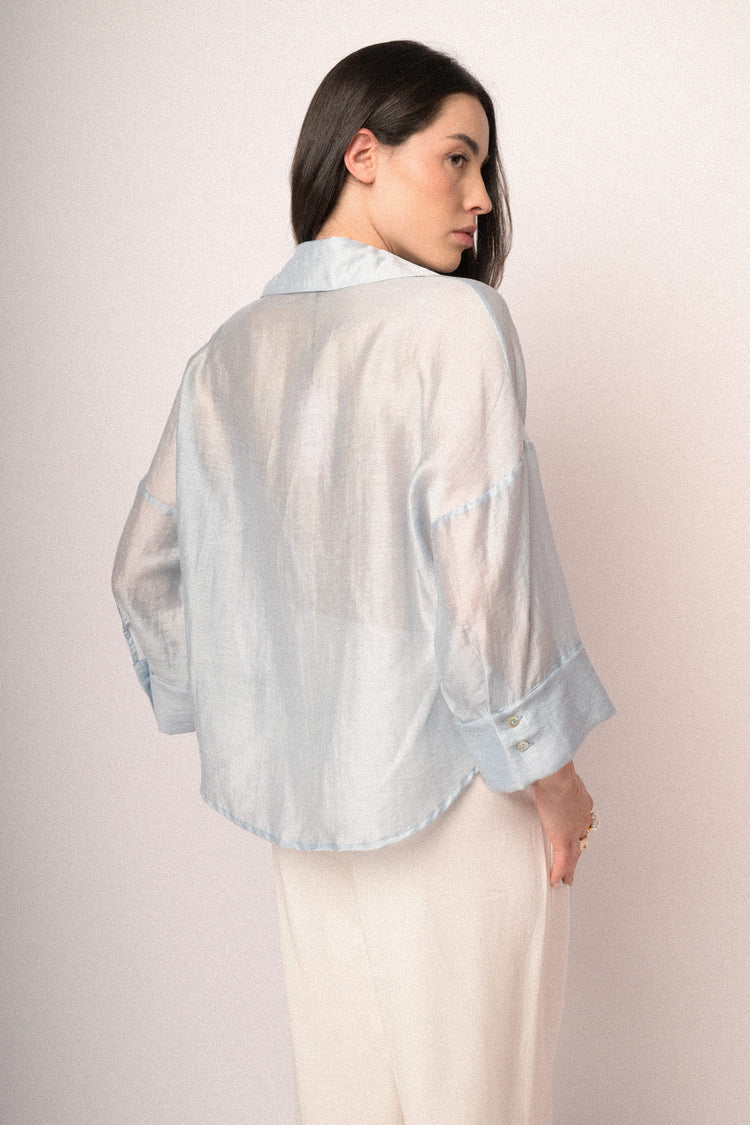 Camicia boxy-fit misto lyocell azzurro con maniche ampie