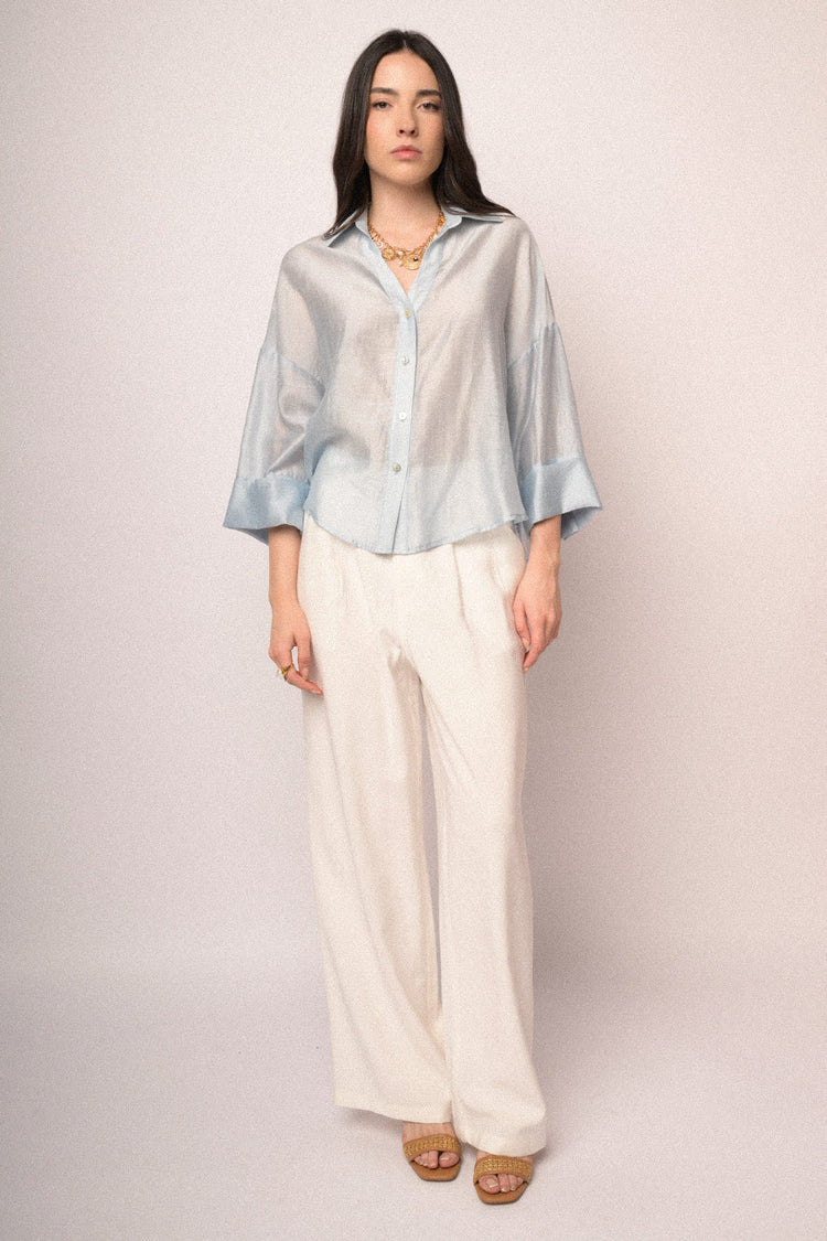 Camicia boxy-fit misto lyocell azzurro con maniche ampie
