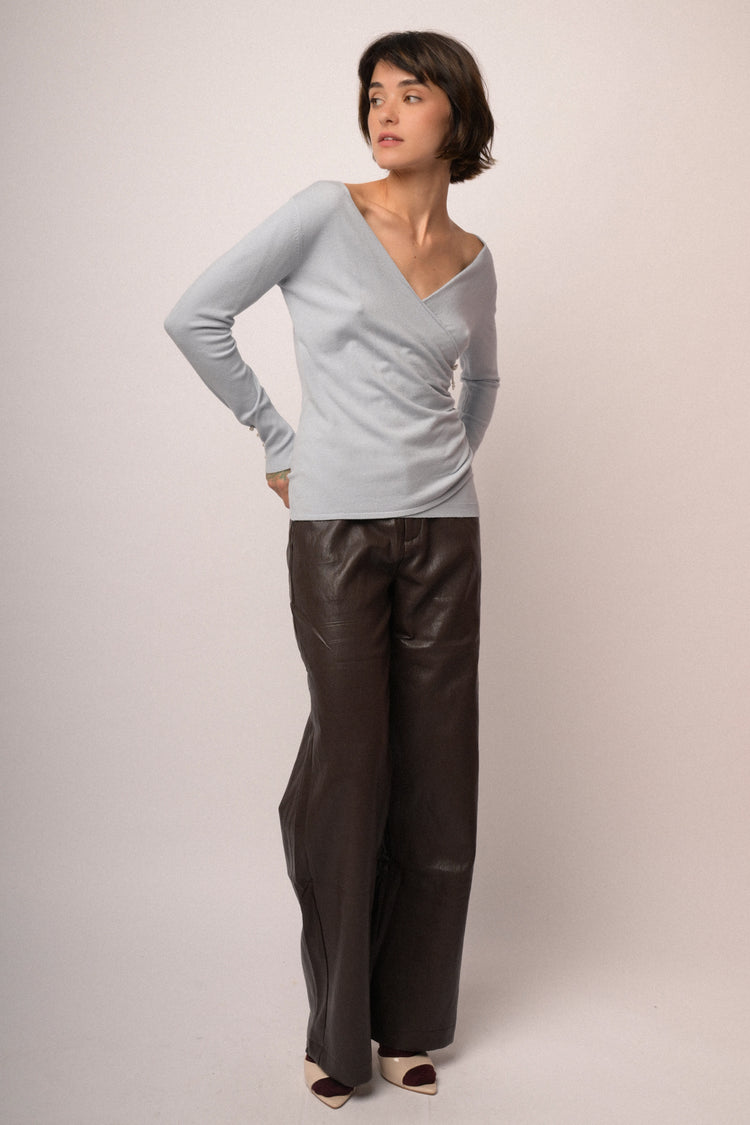 Pantaloni wide-leg in similpelle ebano