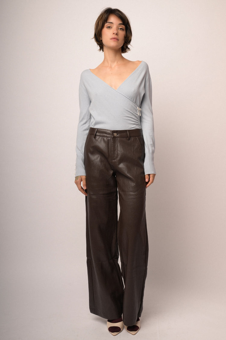 Pantaloni wide-leg in similpelle ebano