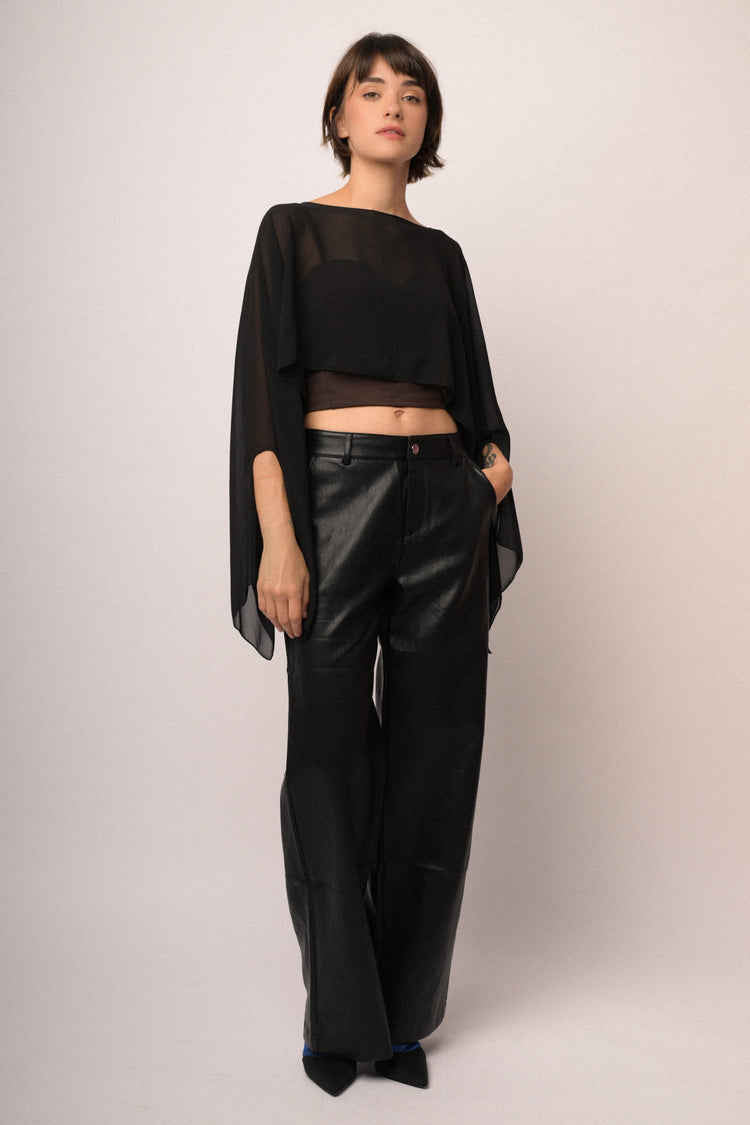 Pantaloni wide-leg in similpelle nera