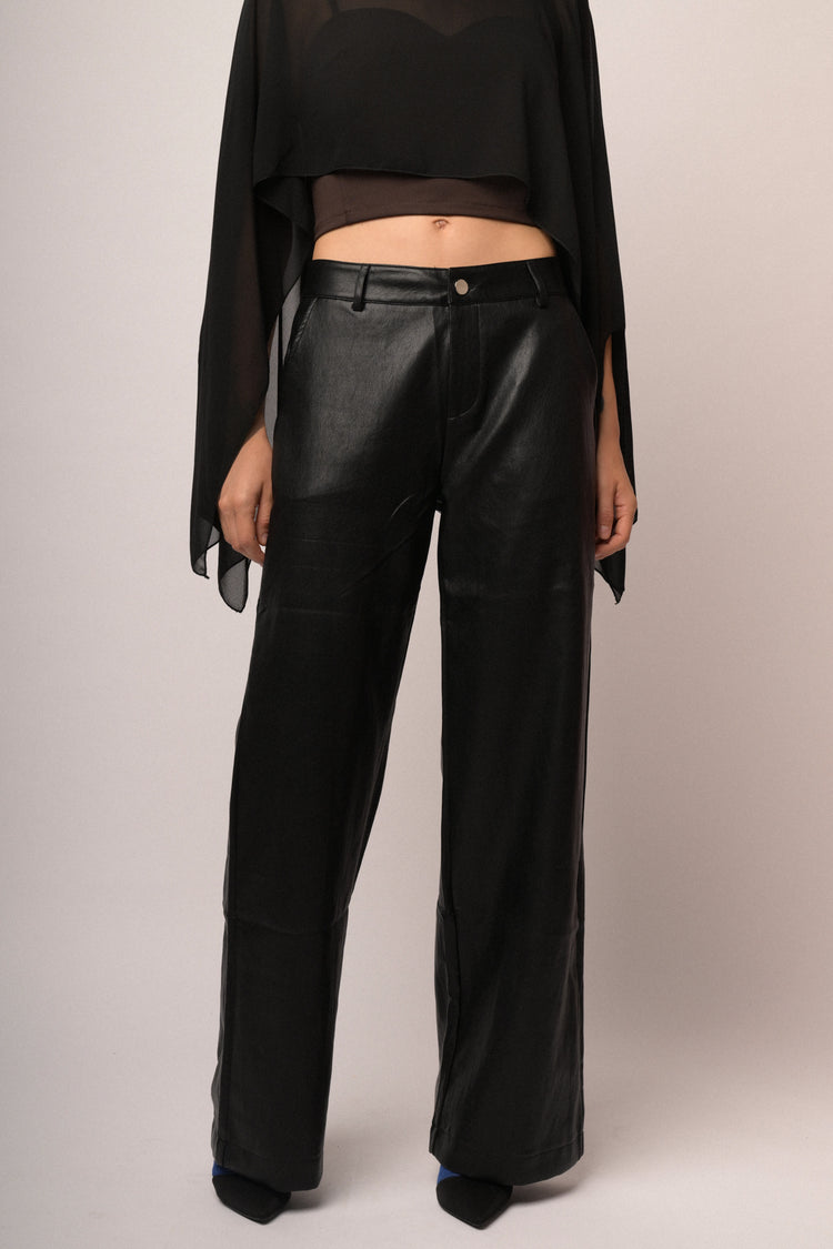 Pantaloni wide-leg in similpelle nera