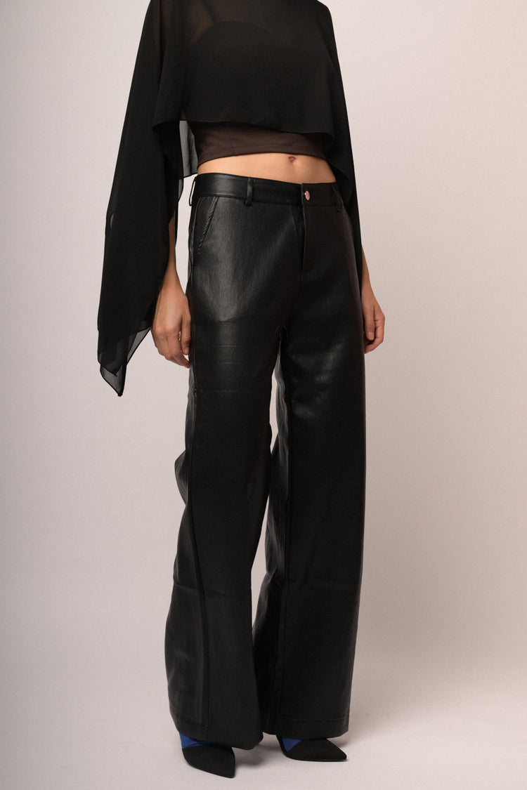Pantaloni wide-leg in similpelle nera