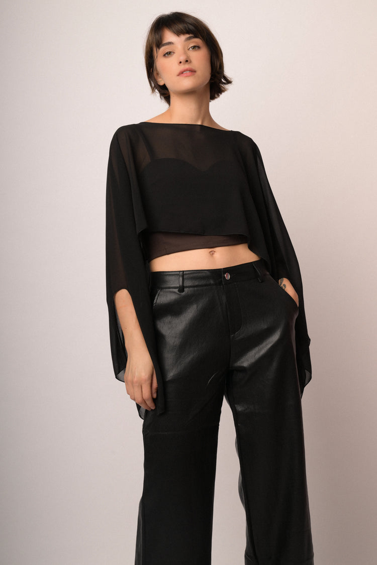 Pantaloni wide-leg in similpelle nera