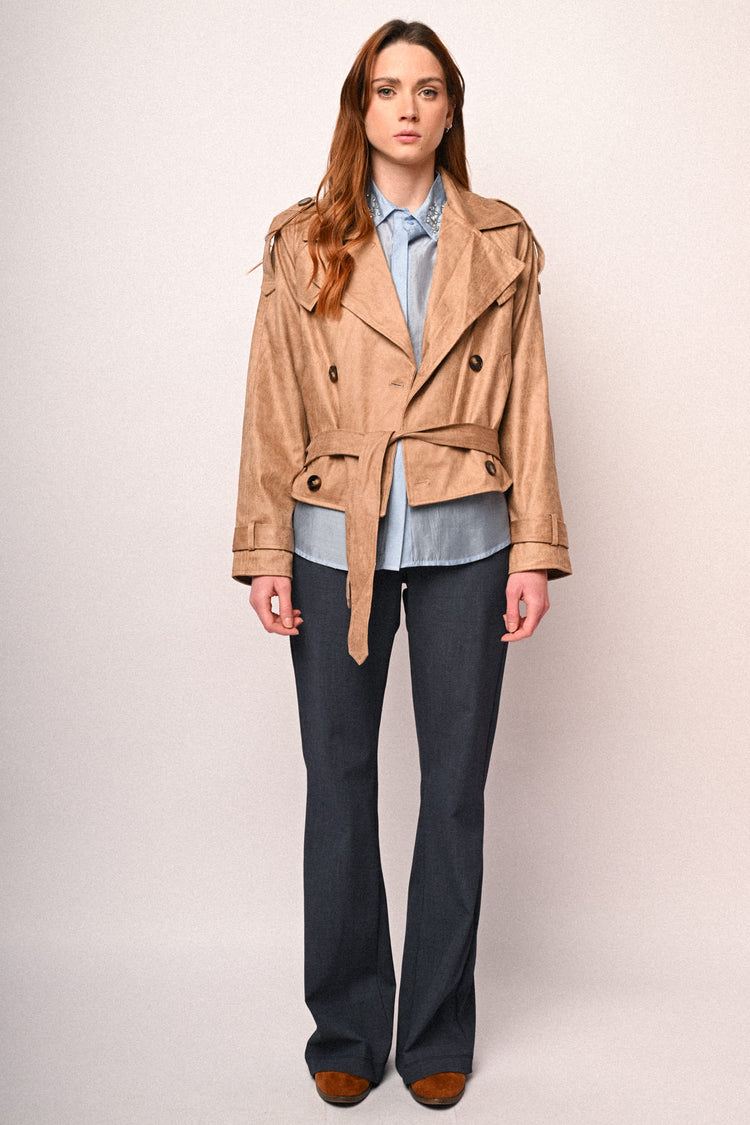 Trench crop in faux suede spalmato
