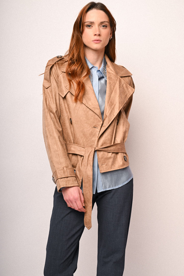 Trench crop in faux suede spalmato