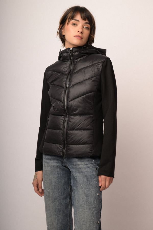 Piumino bi-materiale in nylon e tessuto felpato nero