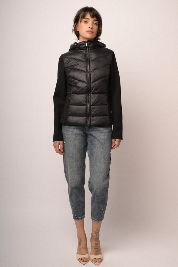 Piumino bi-materiale in nylon e tessuto felpato nero