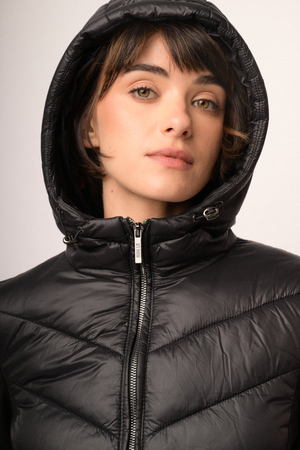 Piumino bi-materiale in nylon e tessuto felpato nero