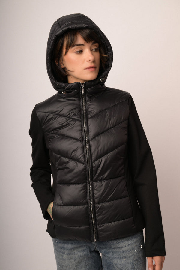 Piumino bi-materiale in nylon e tessuto felpato nero