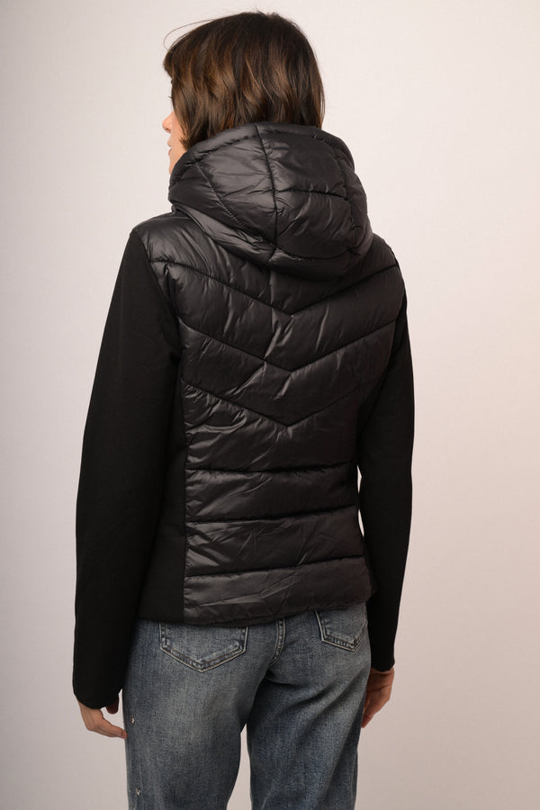 Piumino bi-materiale in nylon e tessuto felpato nero