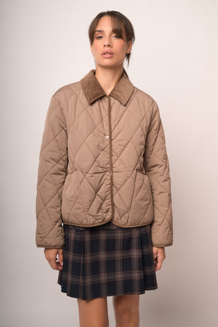 Piumino loose-fit in nylon trapuntato nocciola
