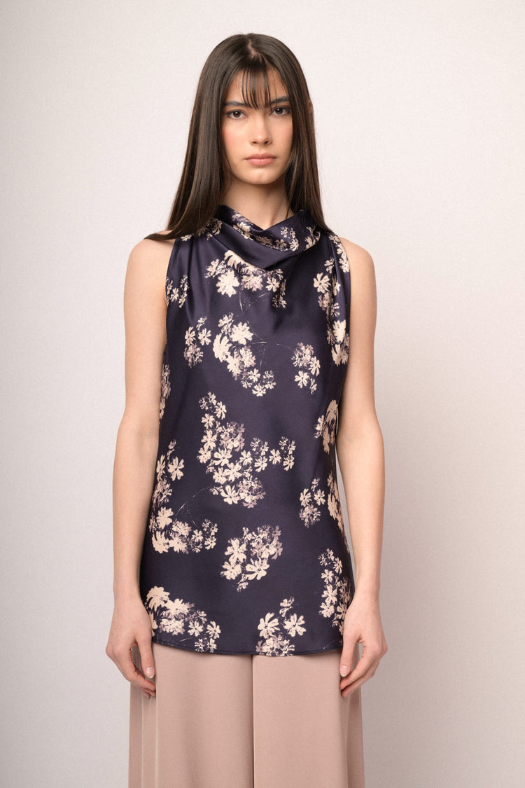 Top in raso a stampa floreale blu