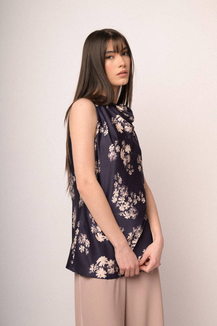 Top in raso a stampa floreale blu