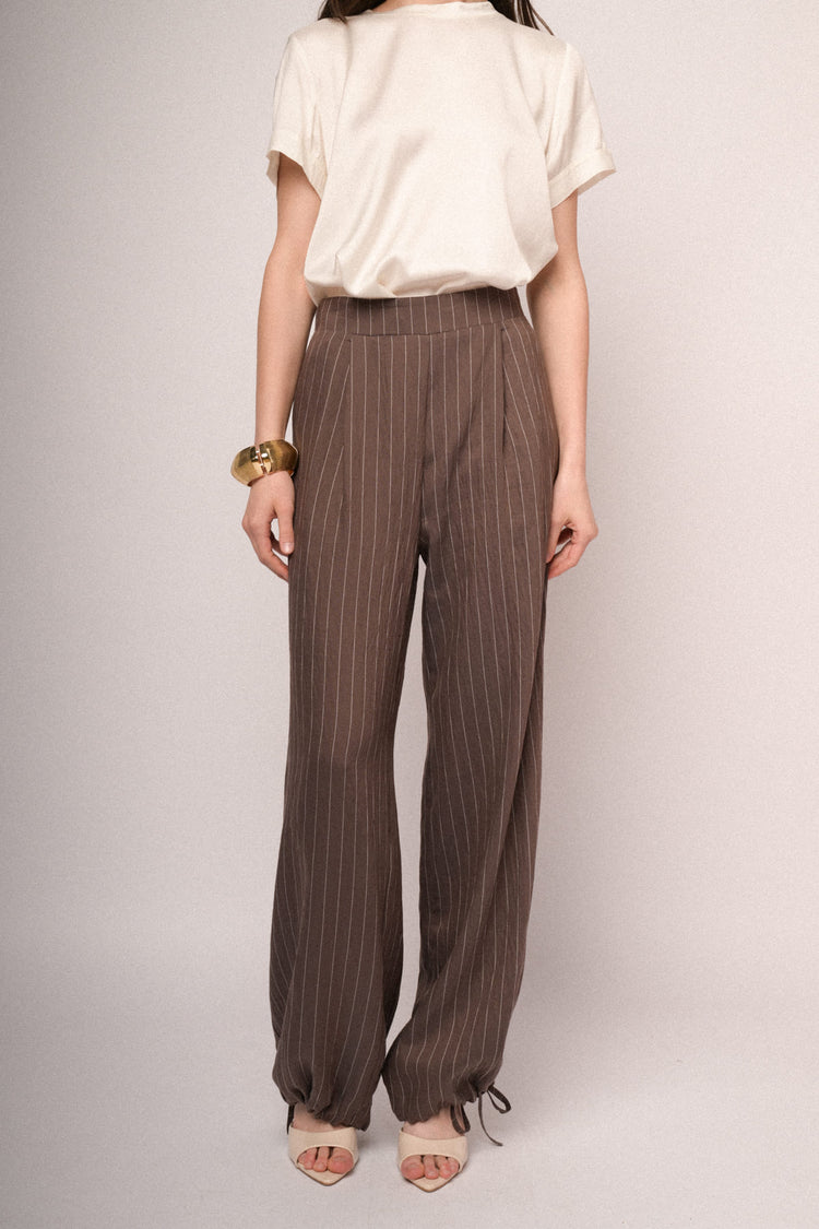 Pantaloni palazzo in gessato cioccolato con coulisse allorlo