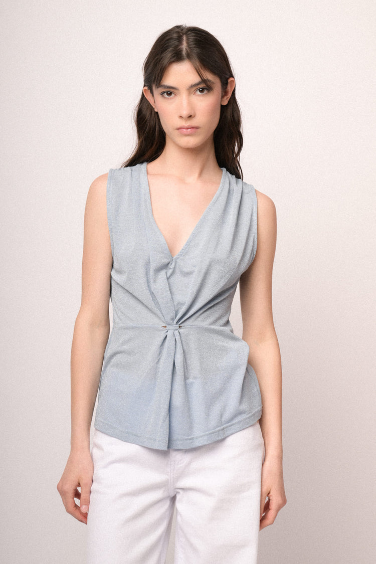 Top in maglia lurex celeste con nodo