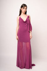 Abito lungo in tulle fucsia con rosa 3D
