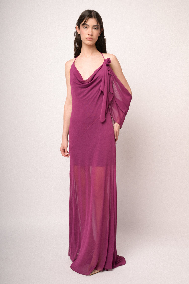 Abito lungo in tulle fucsia con rosa 3D