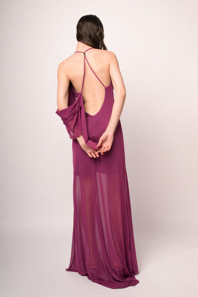 Abito lungo in tulle fucsia con rosa 3D