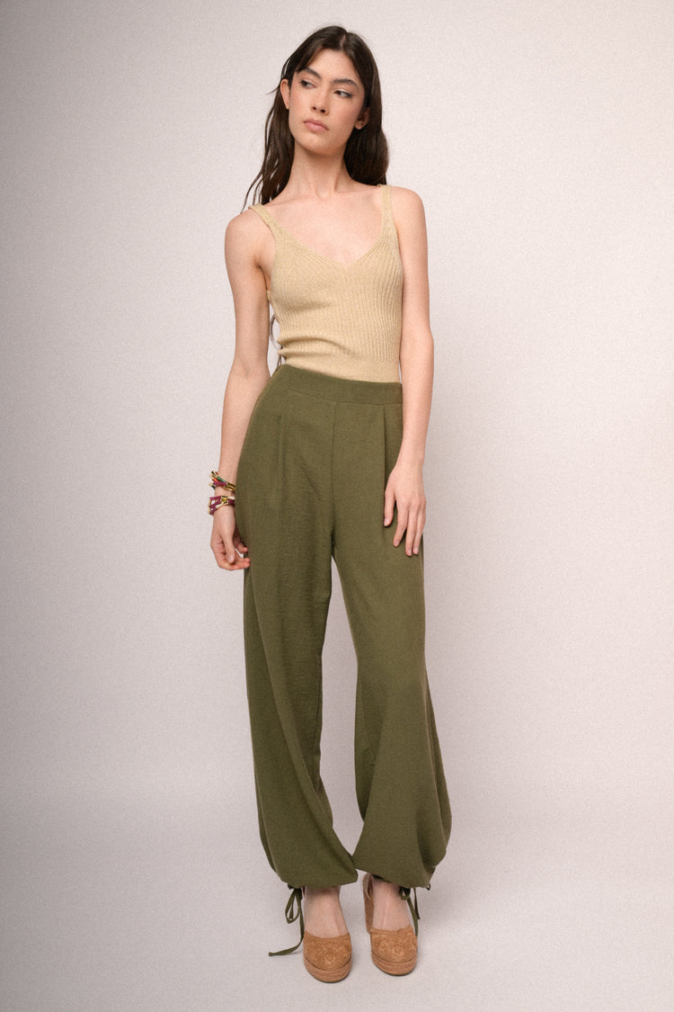 Pantaloni palazzo con coulisse allorlo verde oliva