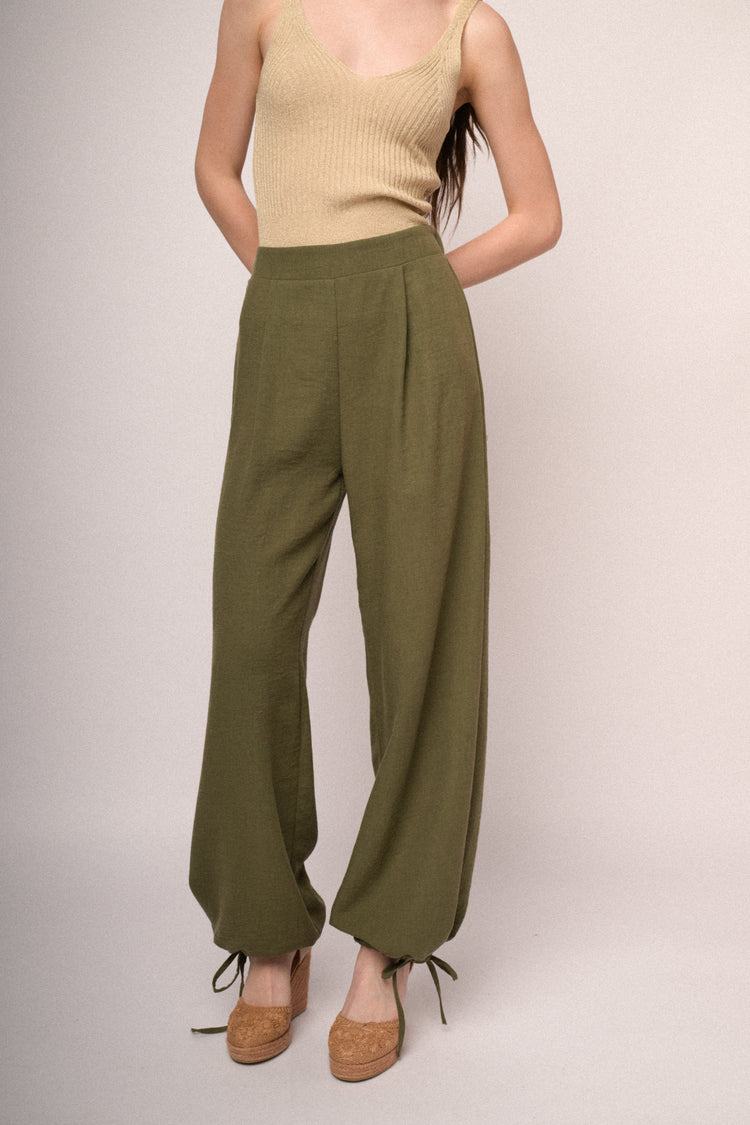 Pantaloni palazzo con coulisse allorlo verde oliva