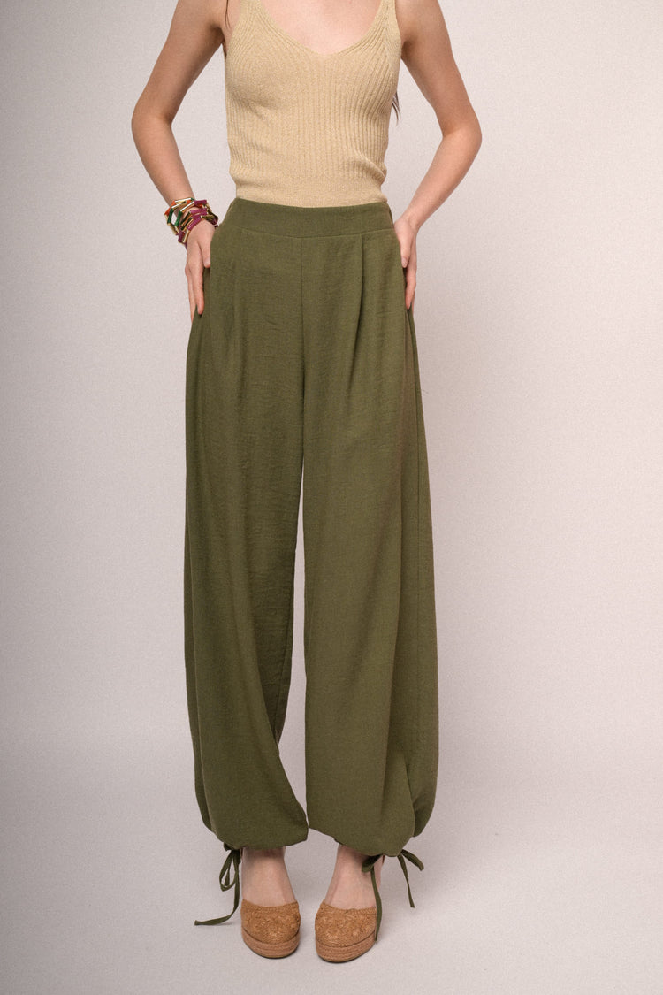 Pantaloni palazzo con coulisse allorlo verde oliva