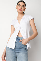 T-shirt con scollo a V a pieghe
