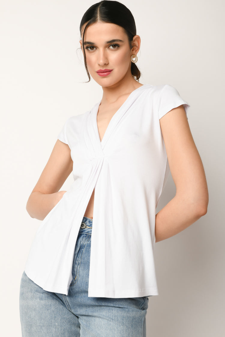 T-shirt con scollo a V a pieghe