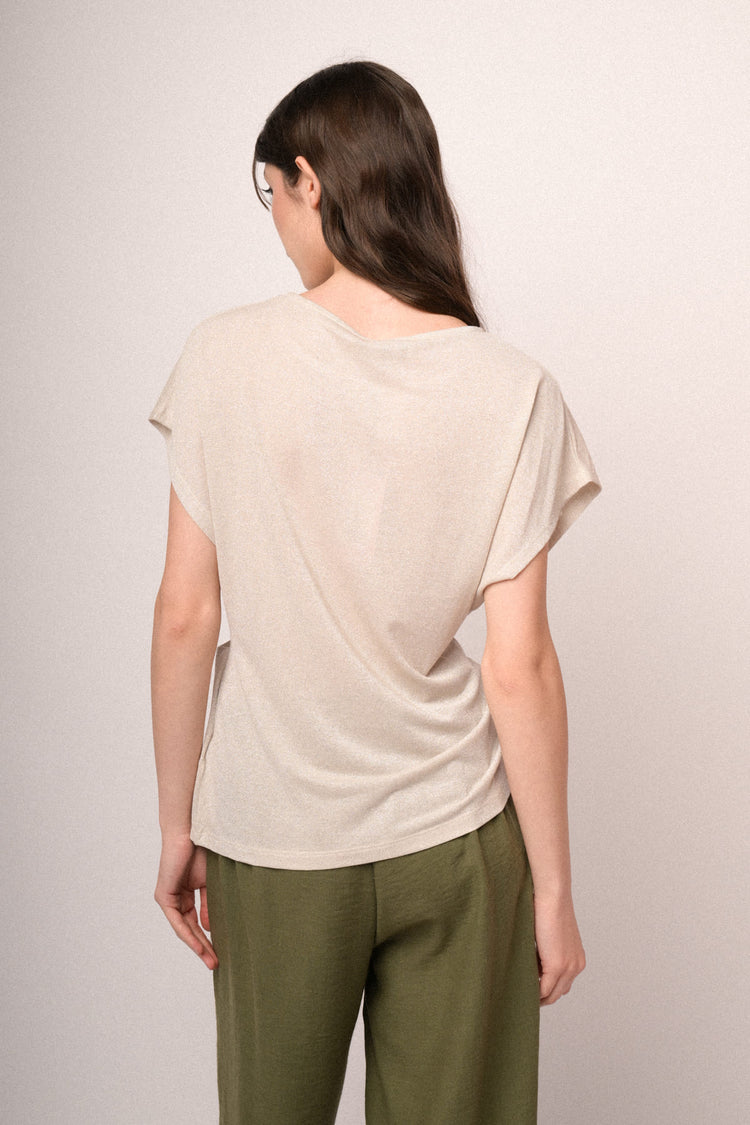 T-shirt in maglia lurex avorio con nodo