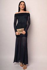 Abito lungo in tulle glitter con spalle scoperte