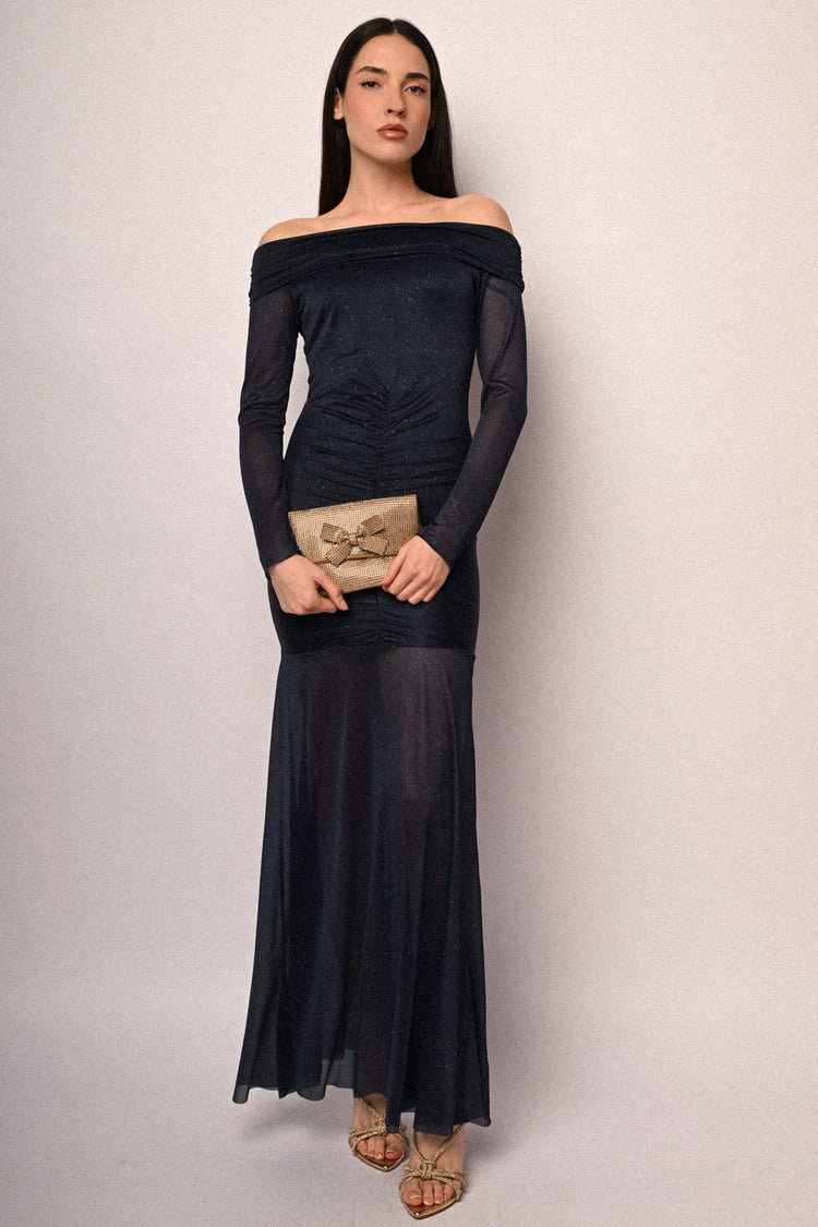 Abito lungo in tulle glitter con spalle scoperte