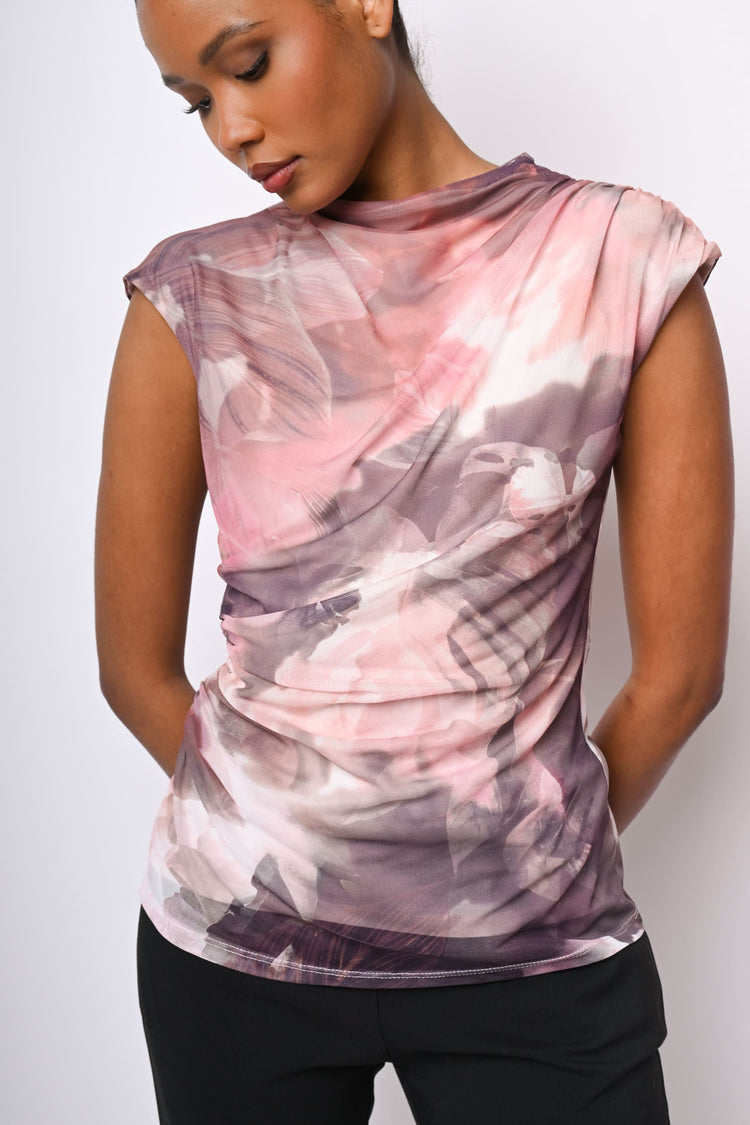 Top in tulle a stampa floreale astratta
