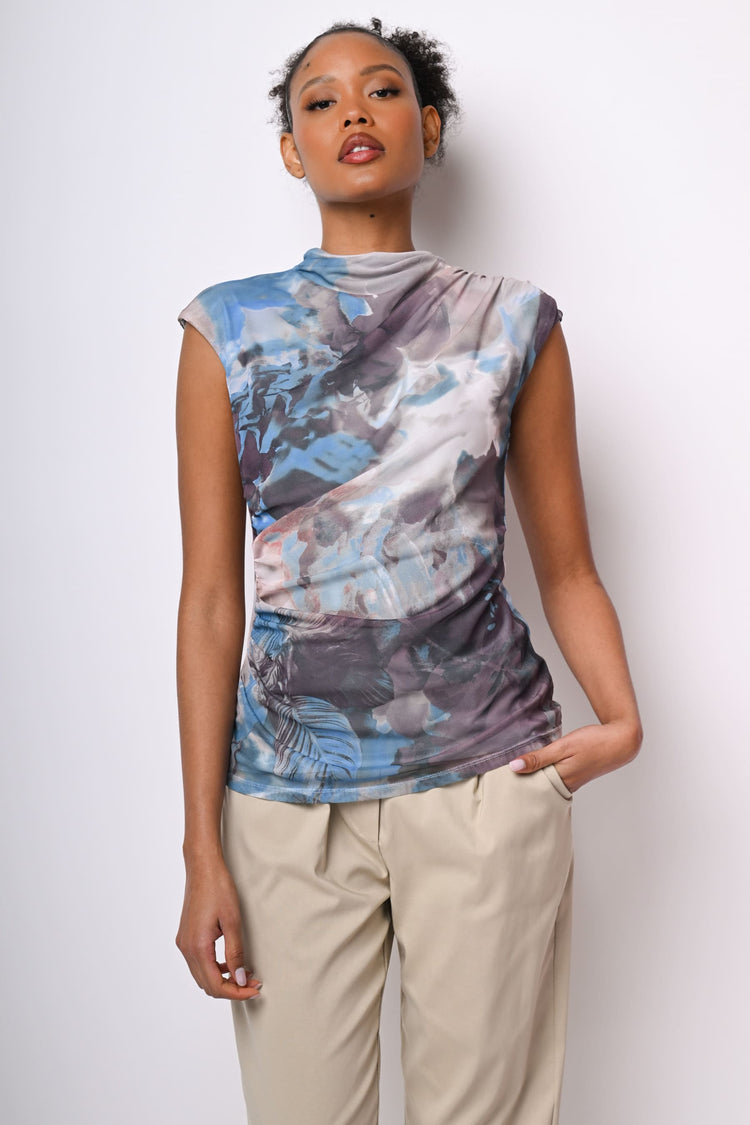 Top in tulle a stampa floreale astratta