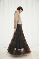 Gonna lunga in tulle cioccolato a balze