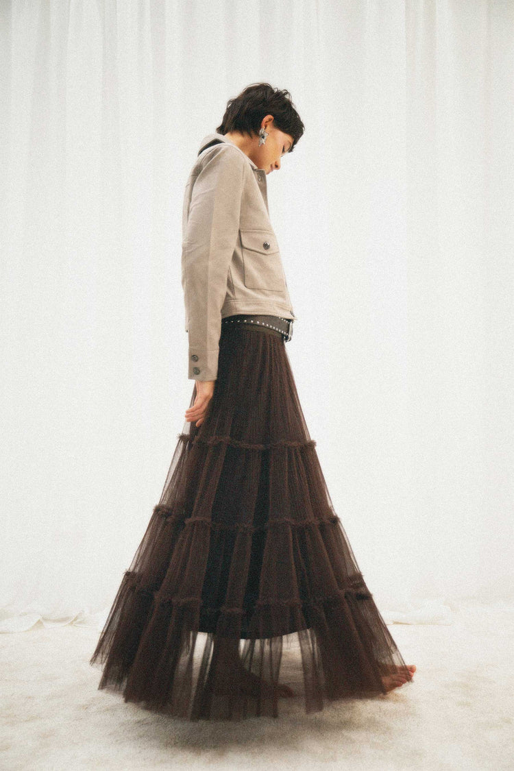 Gonna lunga in tulle cioccolato a balze