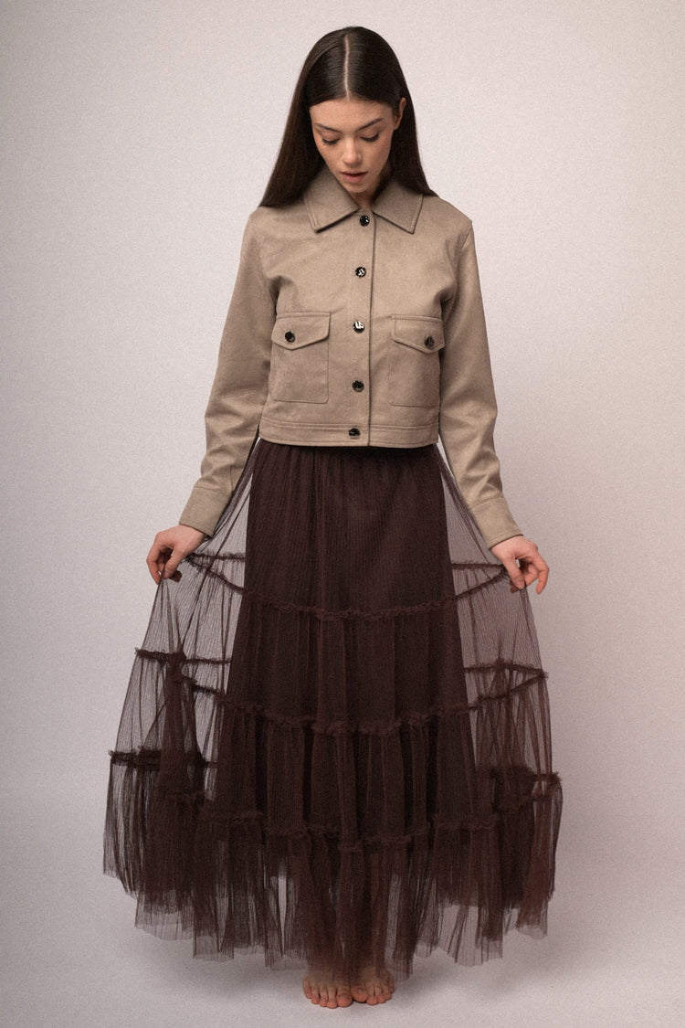 Gonna lunga in tulle cioccolato a balze