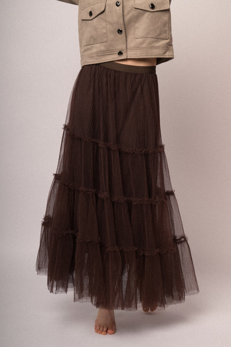 Gonna lunga in tulle cioccolato a balze