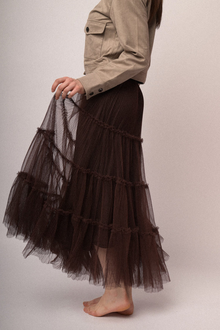 Gonna lunga in tulle cioccolato a balze