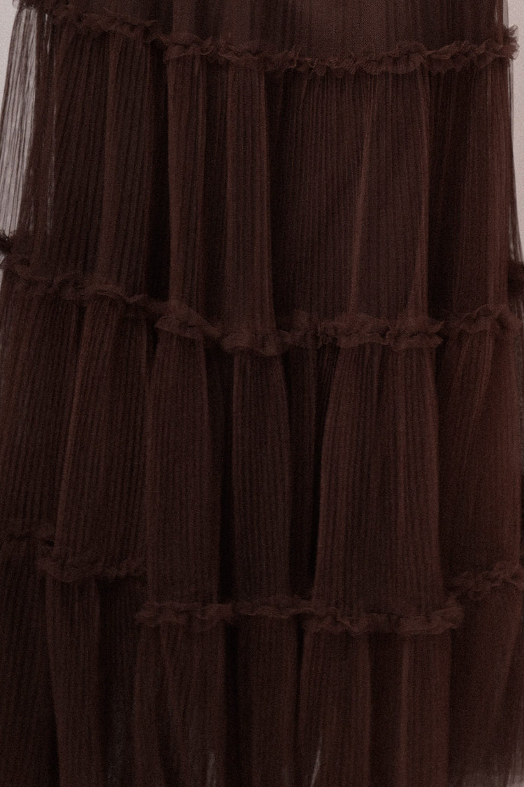 Gonna lunga in tulle cioccolato a balze