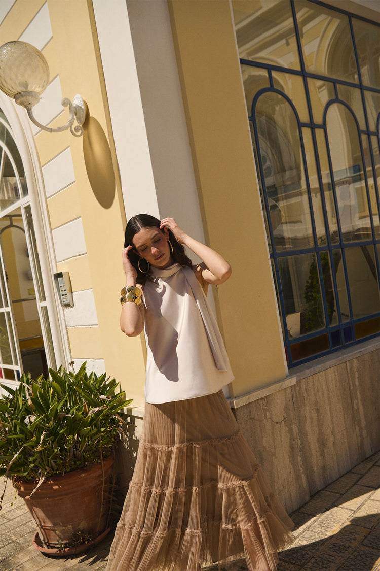 Gonna lunga in tulle a balze rosa cipria
