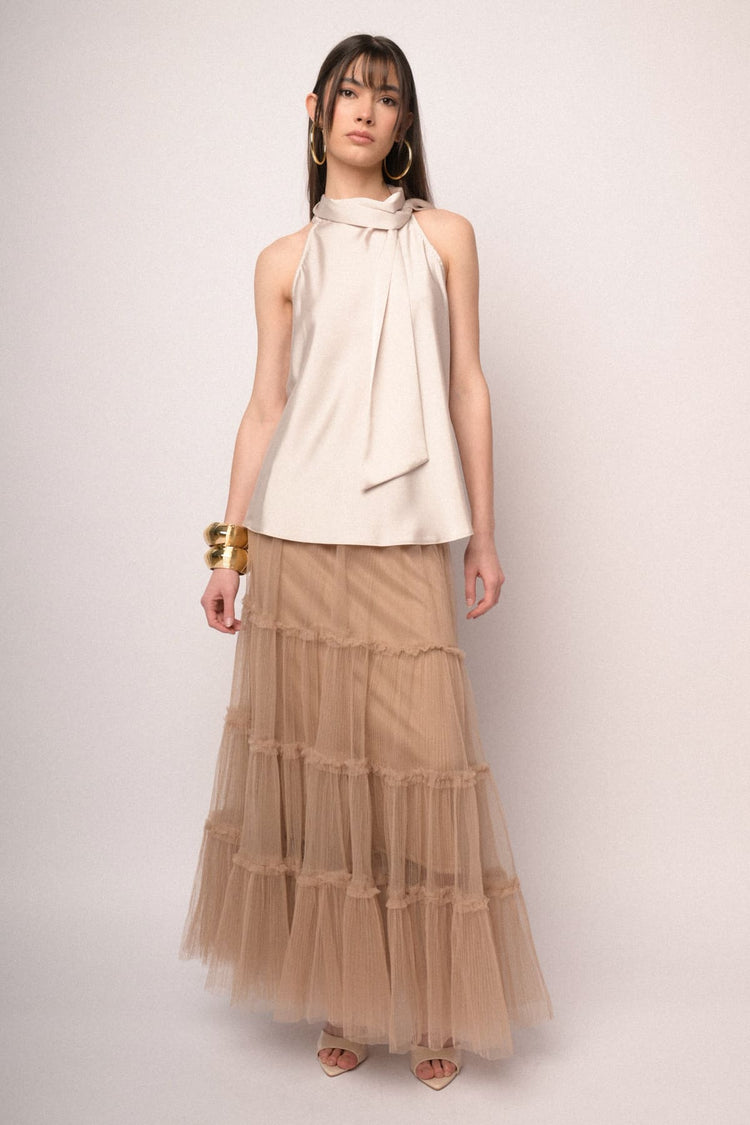 Gonna lunga in tulle a balze rosa cipria