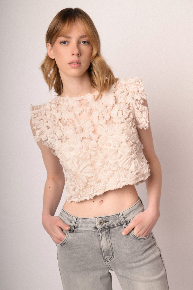 Top crop in pizzo floreale bianco