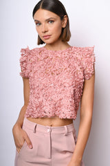 Top crop in pizzo floreale con paillettes
