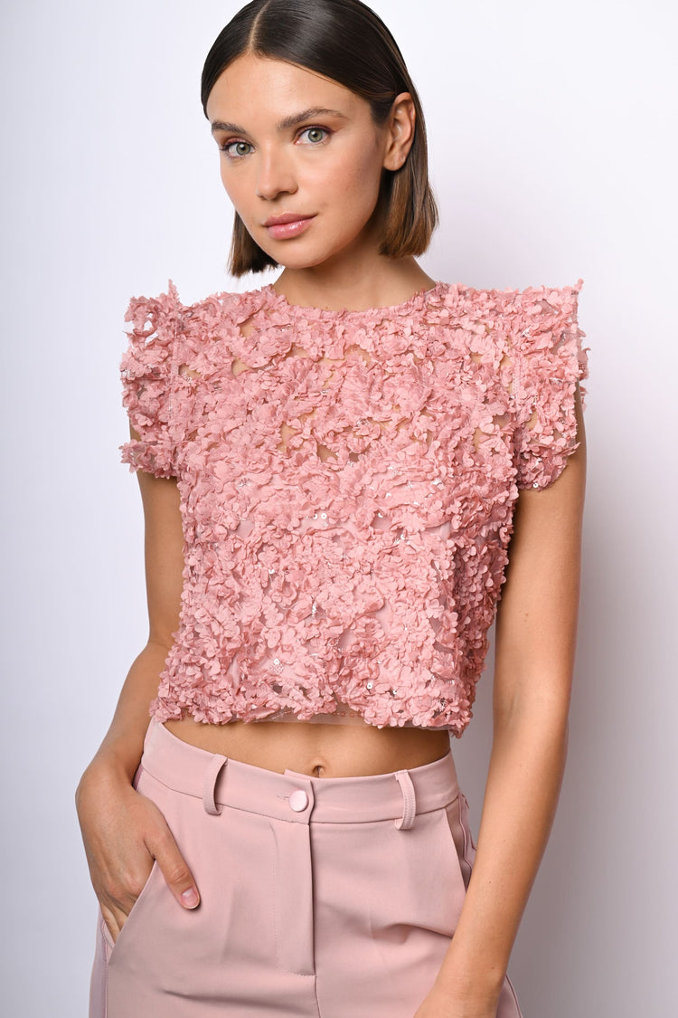 Top crop in pizzo floreale con paillettes